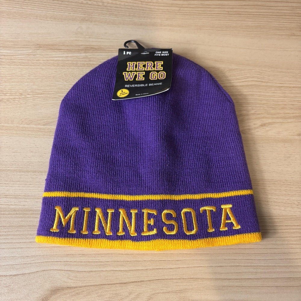 Minnesota Hat Beanie One Size Purple Gold Reversible Knit Embroidered Mens